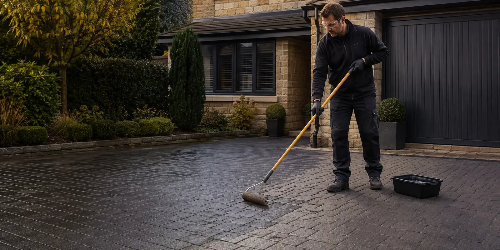 Professional contractor applying protective sealer to block paving