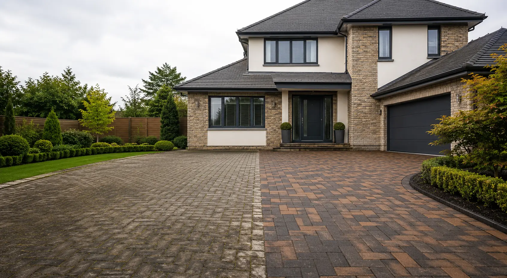 Block-paved driveway before and after professional cleaning and sealing